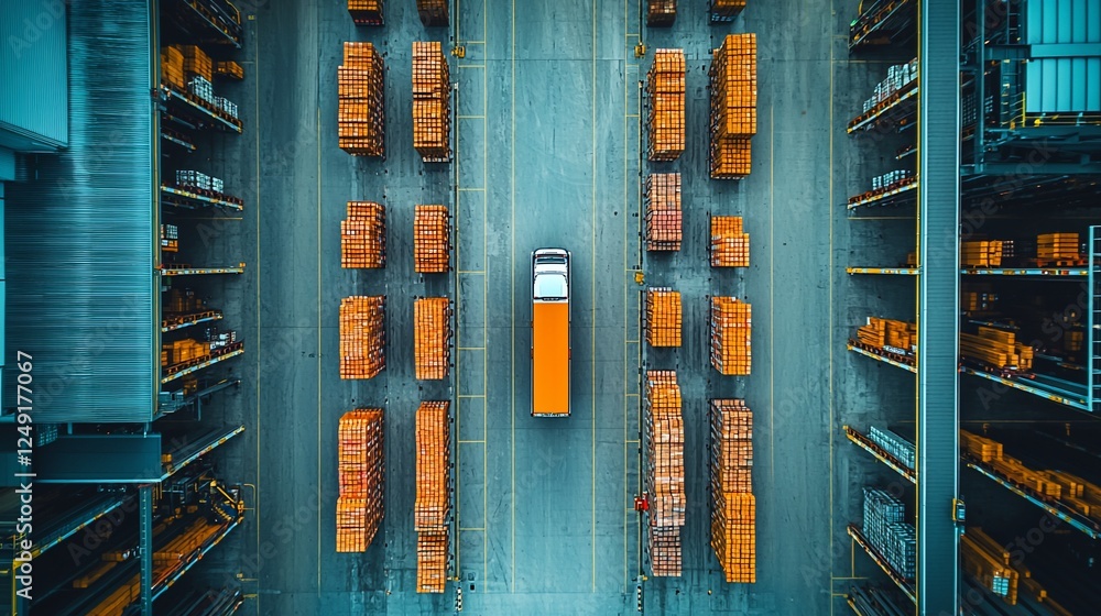 Obraz premium Aerial view truck in warehouse, palettes, logistics