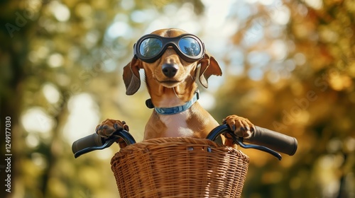 Happy dachshund in sunglasses enjoying a sunny day outdoors in a bicycle basket
