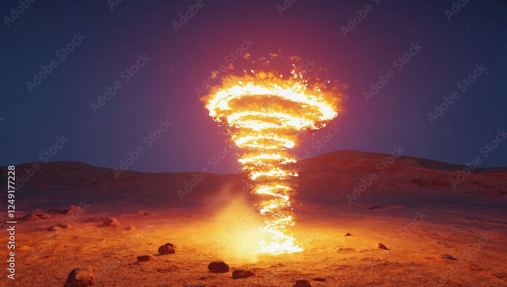 Obraz premium Fiery Vortex in Desert Night: A mesmerizing, swirling fire tornado dominates the frame against a deep twilight desert landscape, creating a dramatic and otherworldly scene.