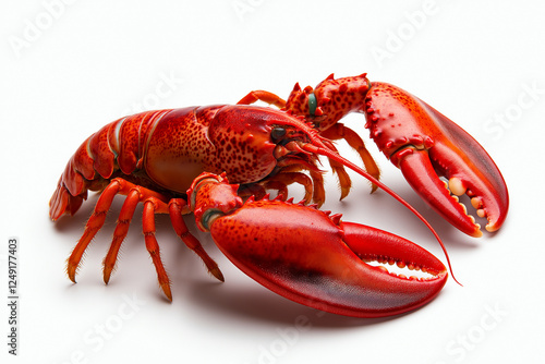 Sitting lobster isolated on white background, showcasing its vibrant red color and detailed features, perfect for culinary or marine themed projects photo