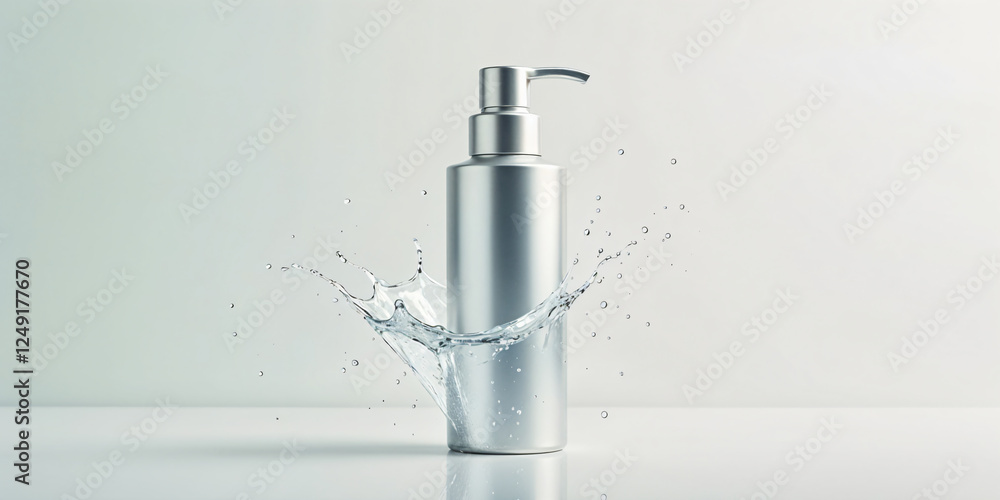 Sparkling Hydration: A modern white pump bottle of serum or lotion sits amidst a splash of water on a background, evoking a sense of freshness and vitality. Sparkling Hydration: A modern white pump bottle of serum or lotion sits amidst a splash of water on a background, evoking a sense of freshness and vitality.