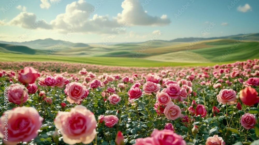 Fototapeta premium A field of wild roses swaying gently in the breeze, with rolling green hills in the background. --chaos 20 --ar 16:9 --quality 2 --v 6.1 Job ID: b48301da-c625-4bef-a24f-89662d2d55bf