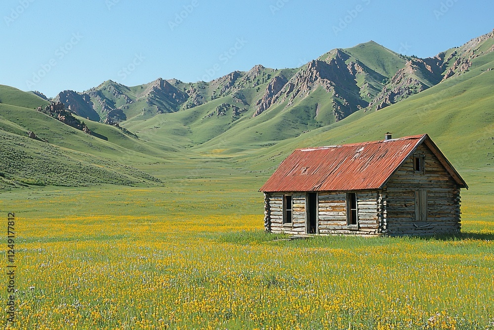 Fototapeta premium Rustic wooden cabin in vibrant flower-filled meadow against mountain backdrop