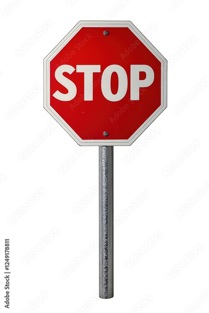 Isolated Red STOP Sign with White Border on Metal Post Isolated Red STOP Sign with White Border on Metal Post
