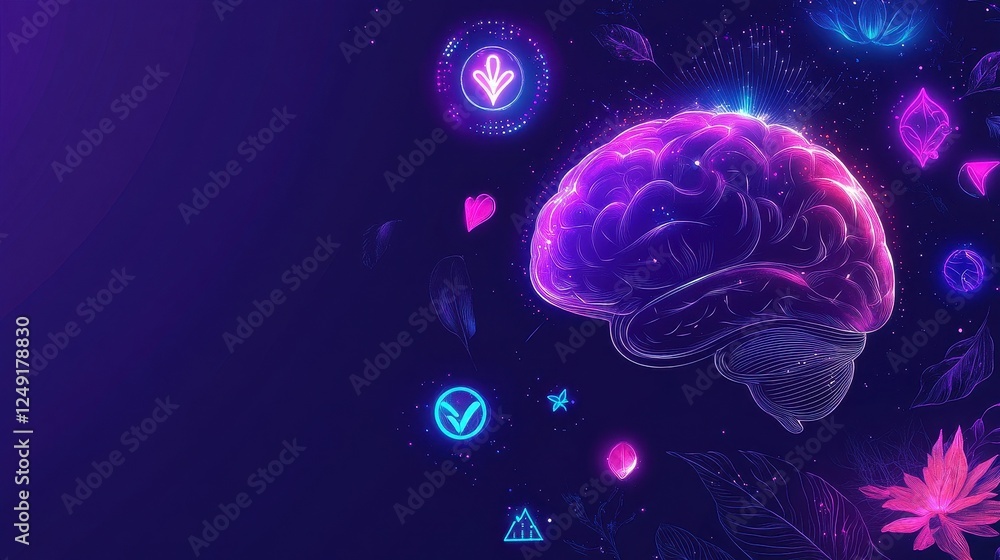 Colorful Brain with Neon Elements and Abstract Icons Colorful Brain with Neon Elements and Abstract Icons