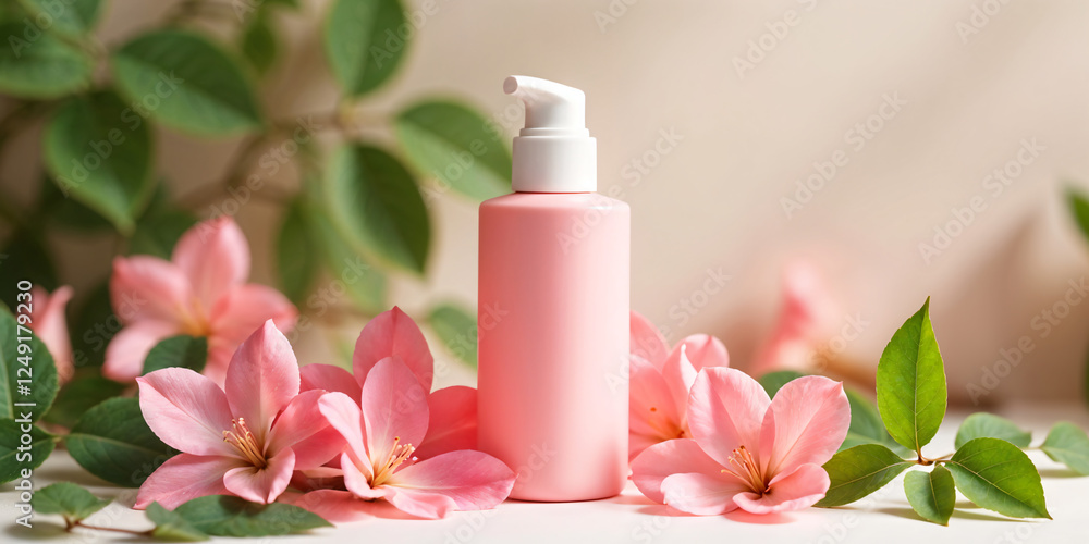 A bottle of lotion is placed on a wooden table next to the leaves. The bottle is pink and has a pump on top. The leaves are green and look fresh and healthy. A bottle of lotion is placed on a wooden table next to the leaves. The bottle is pink and has a pump on top. The leaves are green and look fresh and healthy.
