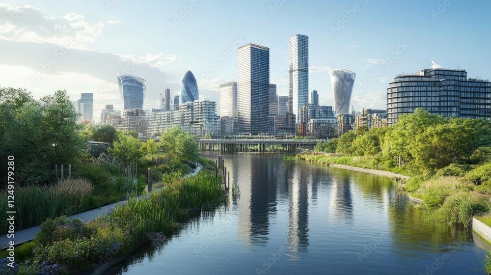 Limmo Peninsula's thriving biodiversity amid Bow Creek's waterways, framed by contemporary London skyscrapers, creating a unique cityscape. Limmo Peninsula's thriving biodiversity amid Bow Creek's waterways, framed by contemporary London skyscrapers, creating a unique cityscape.