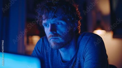 A middle aged man sitting at a computer late at night. Man's face illuminated by the blue computer screen. photo