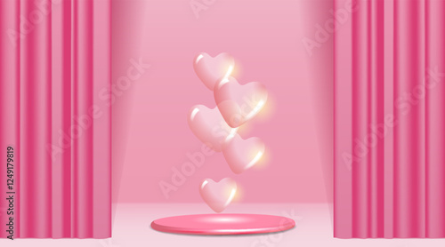 Theater stage with shining glass pink hearts