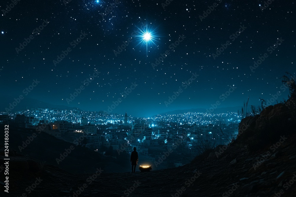 Naklejka premium Starry night sky with a glowing galaxy and mountain silhouette