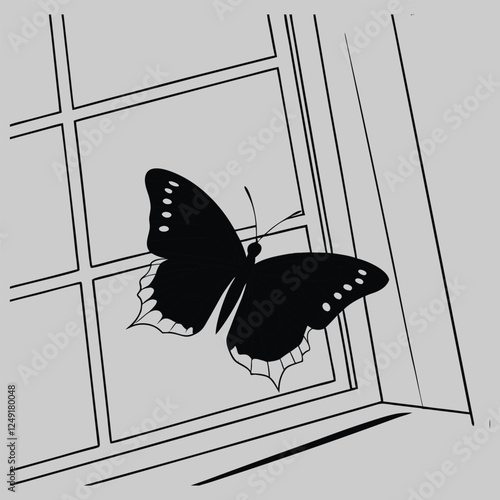 butterfly on a windowsill silhouette vector design art and illustration