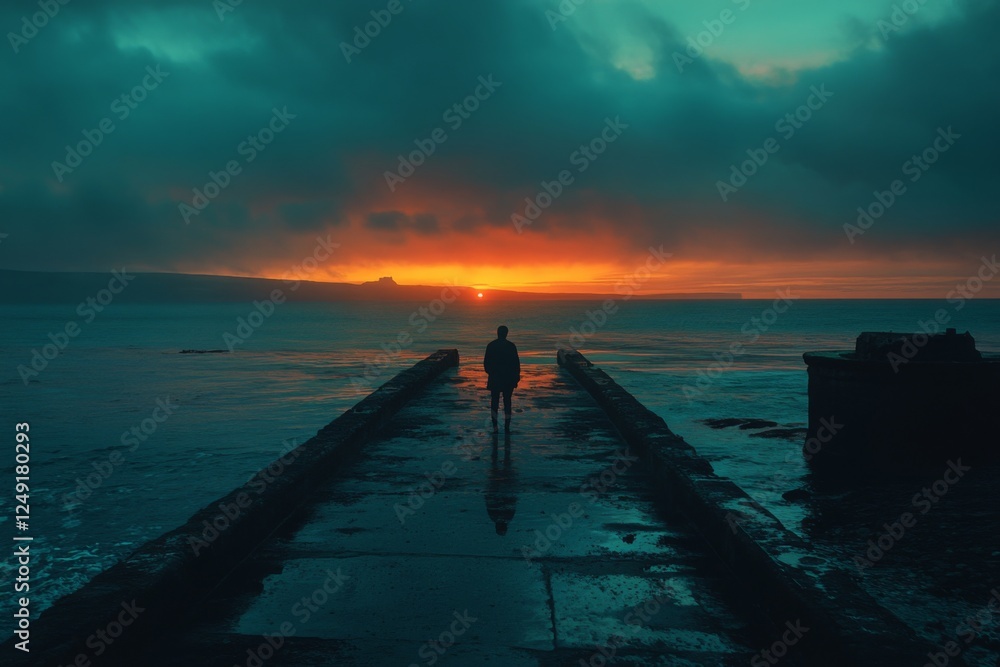 Fototapeta premium Silhouette of a person walking on a pier at sunset with vibrant sky colors