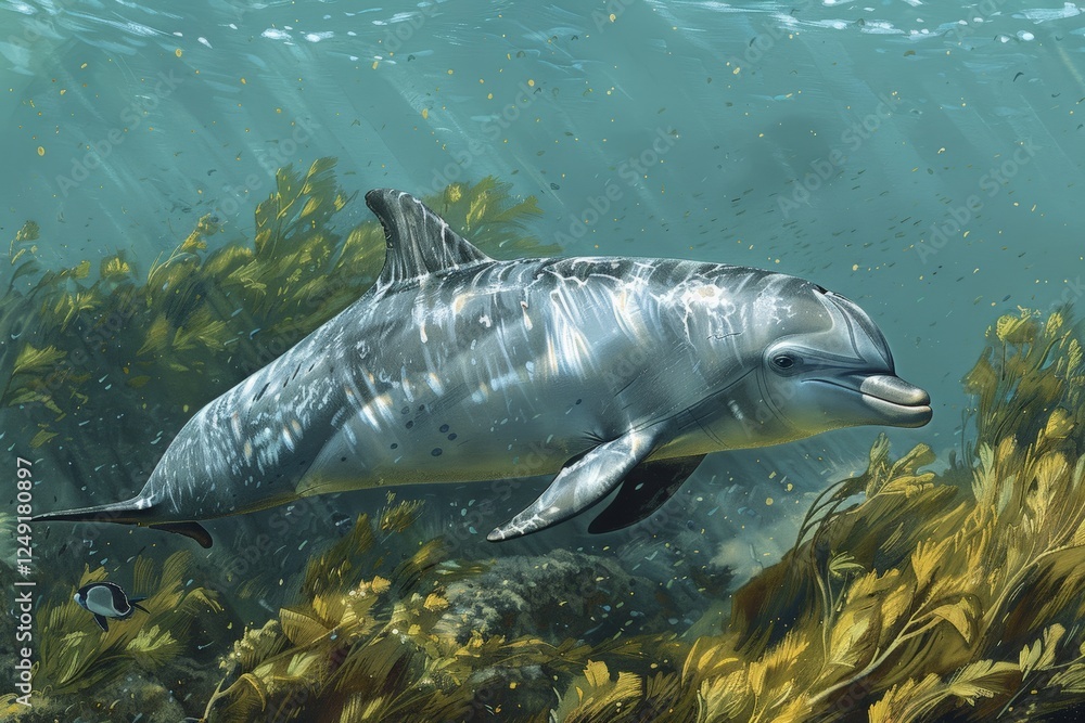 Obraz premium Extinct River Dolphin swimming gracefully through a vibrant underwater landscape with sunlight streaming down, highlighting unique adaptations and body features for river life.