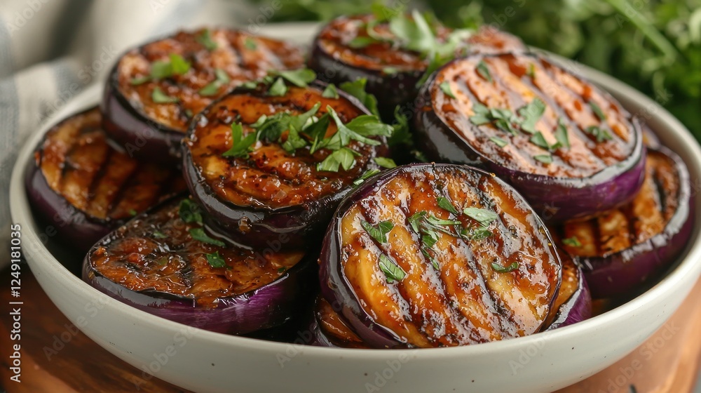 Grilled Eggplant Slices Garnished with Fresh Herbs in a Rustic Setting