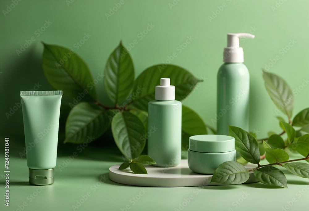 A mockup of cosmetic bottle with pump on a wooden table, green leaves and a blurred natural background, with a sunlight effect A mockup of cosmetic bottle with pump on a wooden table, green leaves and a blurred natural background, with a sunlight effect