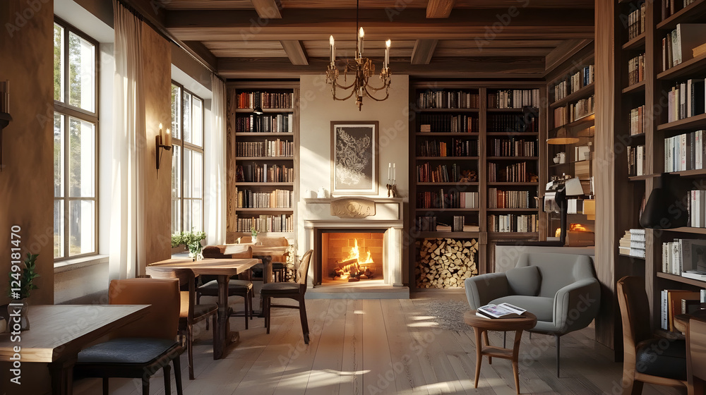 cafe with wooden interiors, a fireplace, and a cozy atmosphere surrounded by bookshelves cafe with wooden interiors, a fireplace, and a cozy atmosphere surrounded by bookshelves