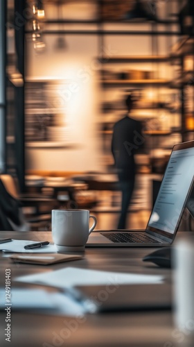 Wallpaper Mural Blurred close-up of a laptop on a minimalist desk with coffee and documents in a workspace Torontodigital.ca