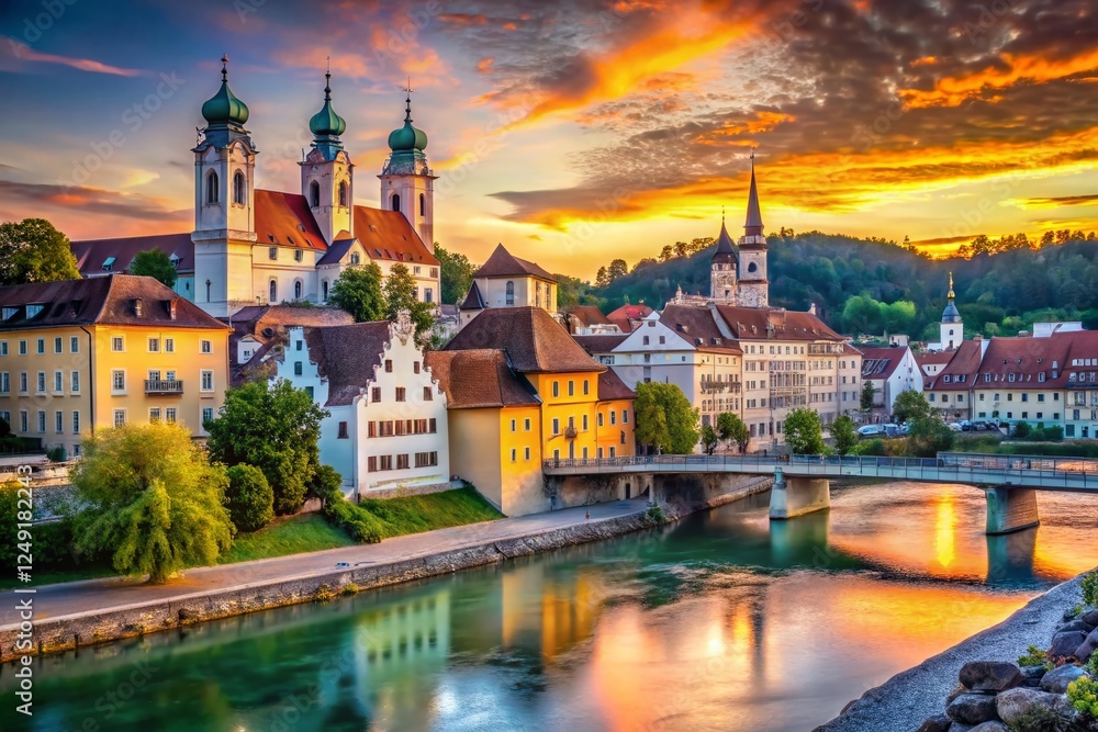 Fototapeta premium Steyr, Austria: Picturesque Architecture & Cityscape Stock Photo