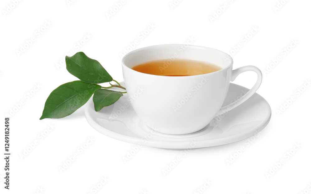 Refreshing green tea in cup and leaves isolated on white Refreshing green tea in cup and leaves isolated on white