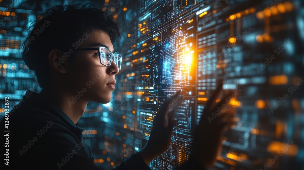 Young Man Interacting with Futuristic Digital Interface Displaying Complex Data and Code Young Man Interacting with Futuristic Digital Interface Displaying Complex Data and Code