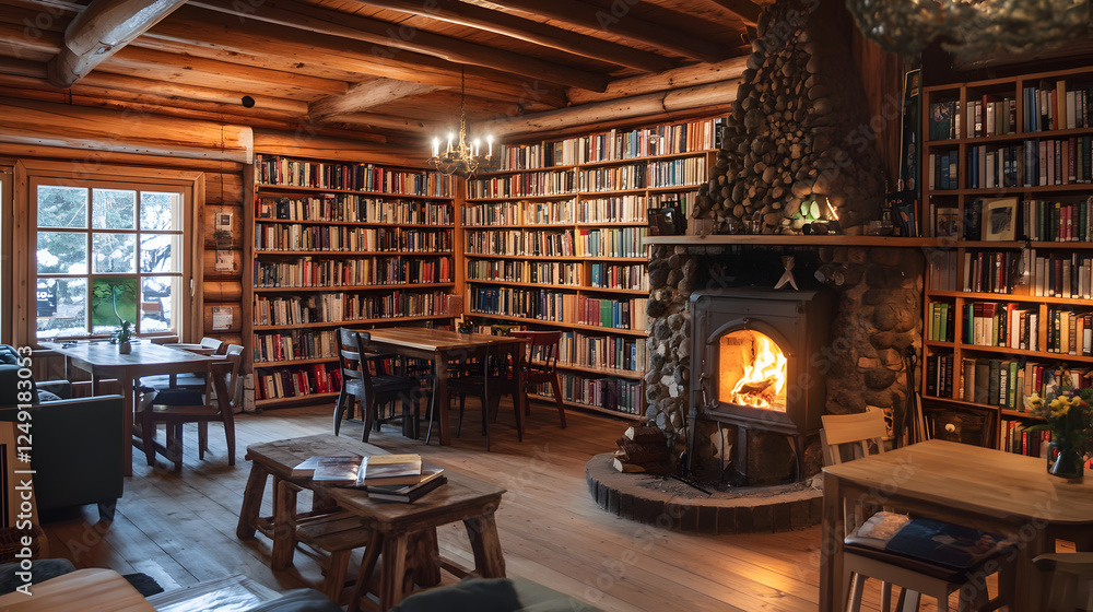 cafe with wooden interiors, a fireplace, and a cozy atmosphere surrounded by bookshelves cafe with wooden interiors, a fireplace, and a cozy atmosphere surrounded by bookshelves