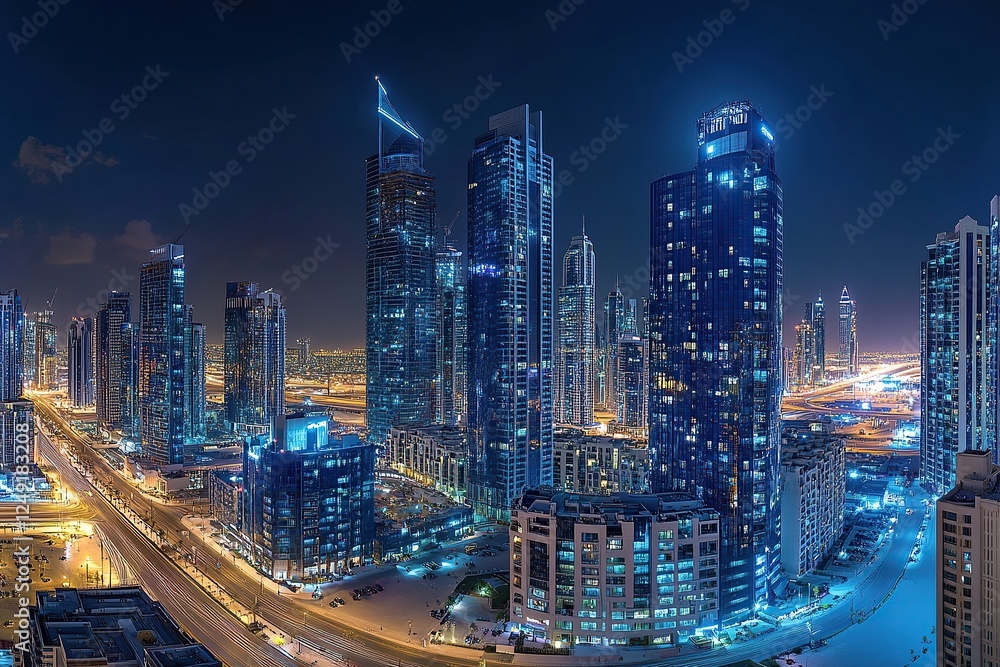 Obraz premium A panoramic view of the bustling cityscape at night