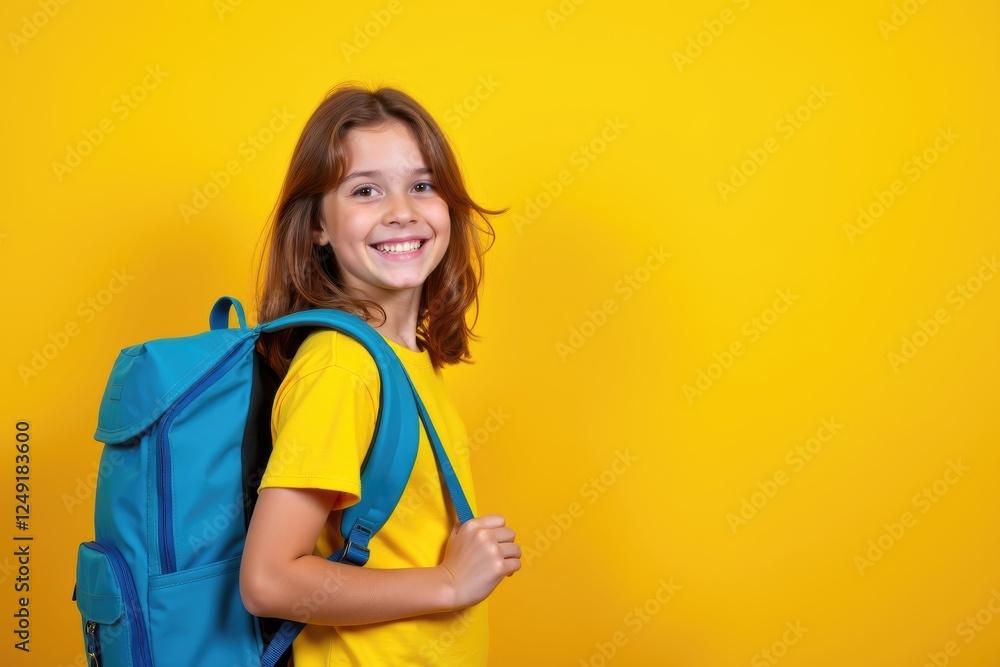 Happy girl with backpack smiles against vibrant yellow background in a cheerful setting Happy girl with backpack smiles against vibrant yellow background in a cheerful setting