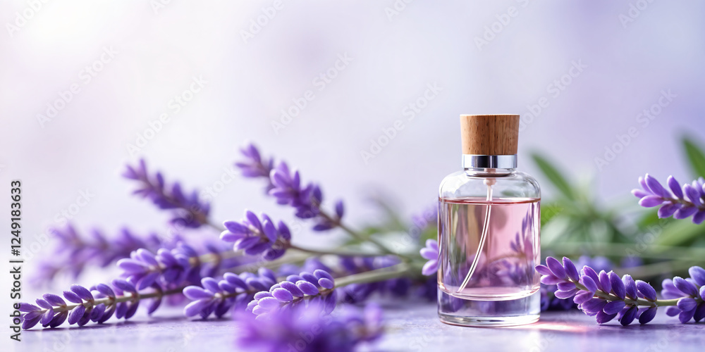 A minimalist purple perfume bottle surrounded by lavender flowers, evoking a sense of calm and elegance. A minimalist purple perfume bottle surrounded by lavender flowers, evoking a sense of calm and elegance.