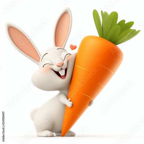 Happy white bunny holding big carrot on white background photo