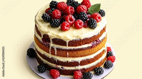 Wallpaper Mural Layered Cake with Raspberries and Blackberries on Yellow Background Torontodigital.ca