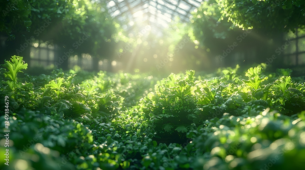 Fototapeta premium Sunlit greenhouse, growing plants, lush foliage, background sunlight, agriculture