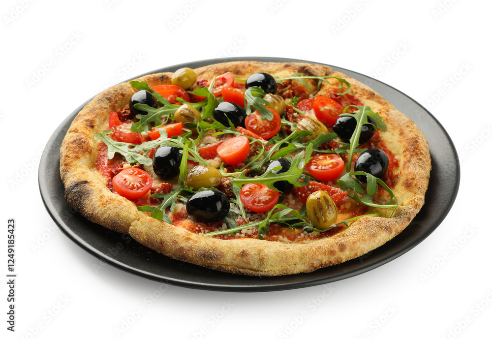 Tasty pizza with olives, tomatoes and arugula isolated on white Tasty pizza with olives, tomatoes and arugula isolated on white