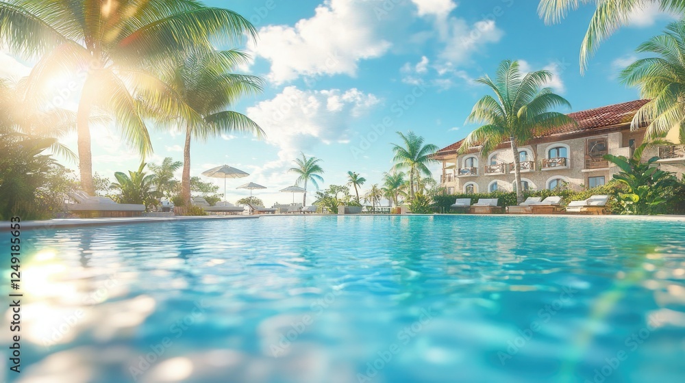 Tropical resort pool with vibrant green surroundings, sunny skies, and a peaceful ambiance for a holiday retreat. Tropical resort pool with vibrant green surroundings, sunny skies, and a peaceful ambiance for a holiday retreat.