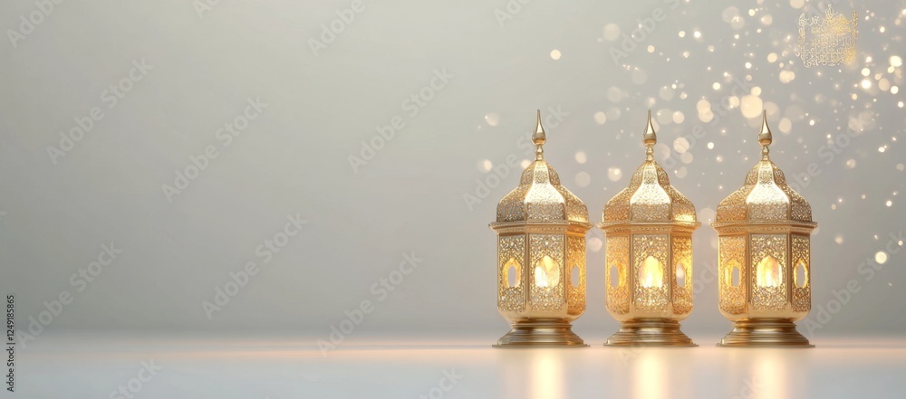 Festive gold lanterns glow, sparkling background, holiday greeting Festive gold lanterns glow, sparkling background, holiday greeting