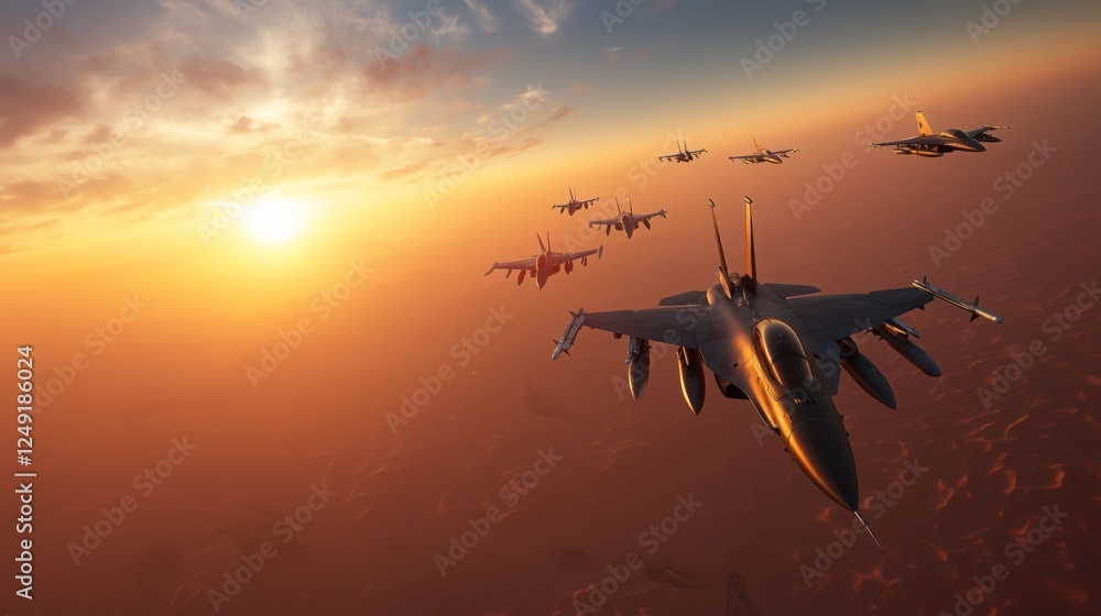 Naklejka premium Aircraft Formation Over Desert Terrain
