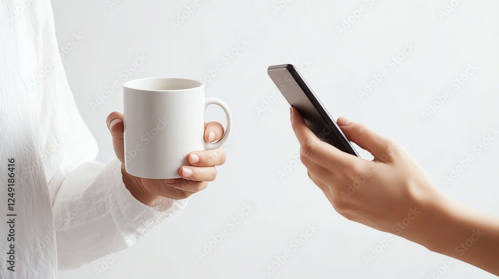 Hands holding a smartphone and a coffee mug, symbolizing modern lifestyle and communication. Hands holding a smartphone and a coffee mug, symbolizing modern lifestyle and communication.