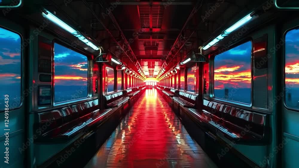 A train car with red seats and a view of the city at sunset A train car with red seats and a view of the city at sunset