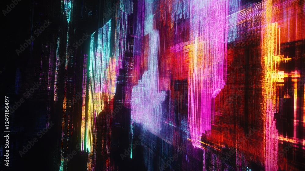 Fototapeta premium Vertical lines of vibrant light with digital glitch effects on a dark background, creating a futuristic visual.