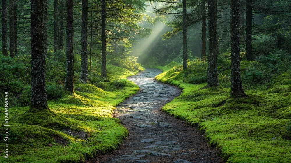 Fototapeta premium Serene forest pathway illuminated by sunlight, surrounded by lush greenery