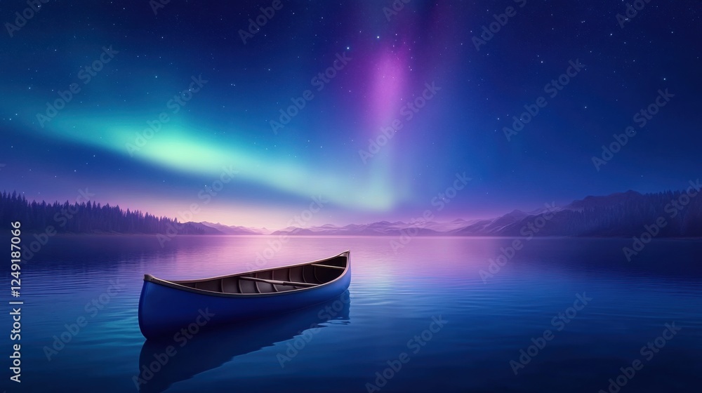 Serene Canoe at Twilight Under the Mesmerizing Aurora Borealis in a Calm Lake Landscape Serene Canoe at Twilight Under the Mesmerizing Aurora Borealis in a Calm Lake Landscape