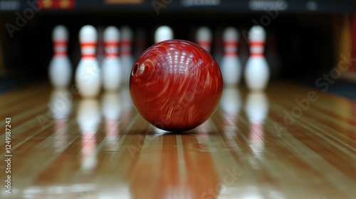 Red bowling ball on lane, pins in background.