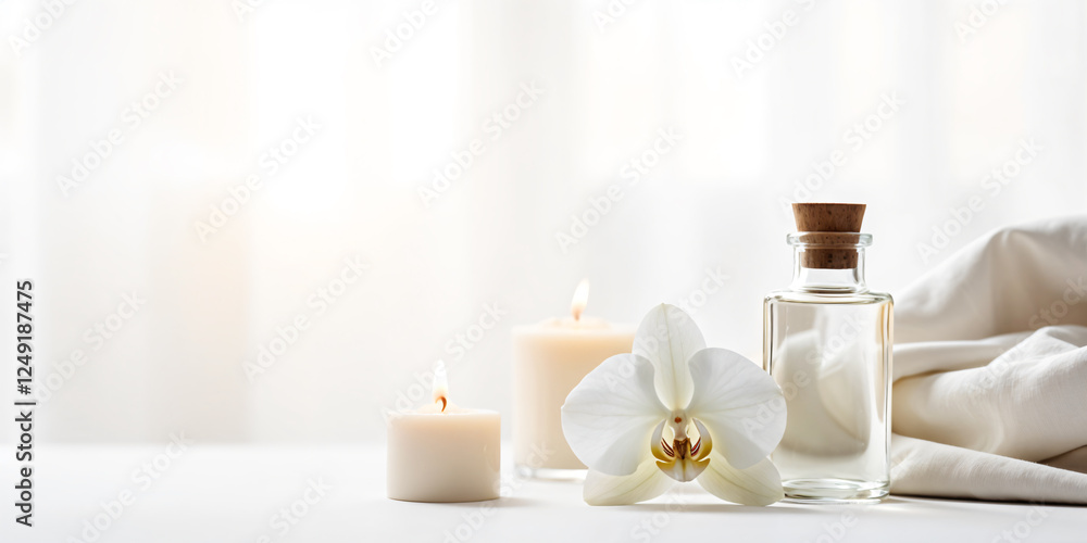 Parfume bottles Spas, flowers and candles and towels studio shot on white with reflection Parfume bottles Spas, flowers and candles and towels studio shot on white with reflection