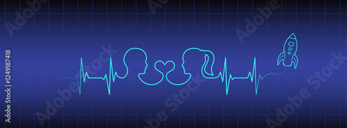 Editable blue medical wallpaper, love couple, man, woman head, airplane vector art. Heart rhythm ekg vector design to use for love, healthy lifestyle, emotion, romance concept projects. 