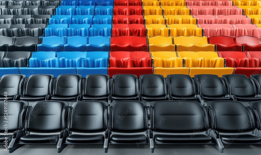 Fototapeta premium Colorful stadium seats; event preparation; arena; rows; anticipation