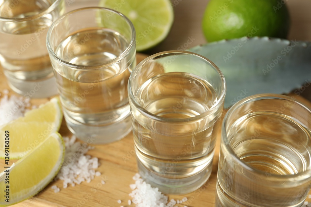 Tequila shots with salt, limes and agave leaf on wooden table, closeup Tequila shots with salt, limes and agave leaf on wooden table, closeup