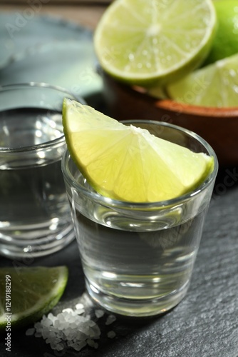 Tequila shots with lime slices and agave leaves on table, closeup