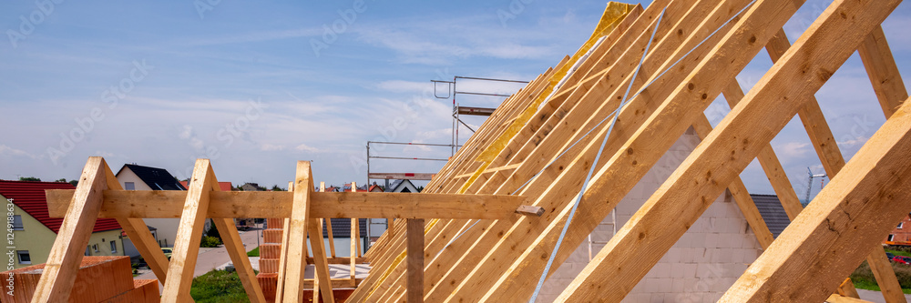 Ein Dachstuhl mit Holzbalken im Bau auf einem Wohnhaus