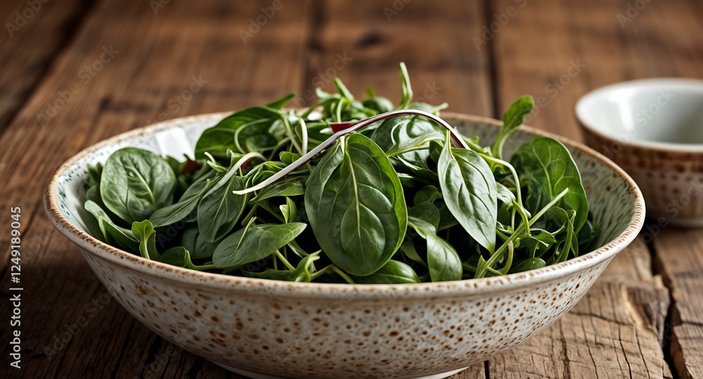 A bright and healthy salad of fresh spinach and arugula leaves, served in a stylish ceramic bowl. A bright and healthy salad of fresh spinach and arugula leaves, served in a stylish ceramic bowl.