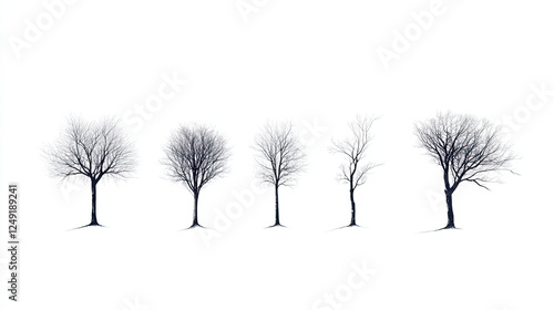 Minimalistic trees isolated on white background, showcasing different shapes