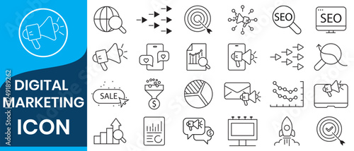 Set of digital marketing line icons. Management, seo, target, ad, analytics etc. vector illustration.